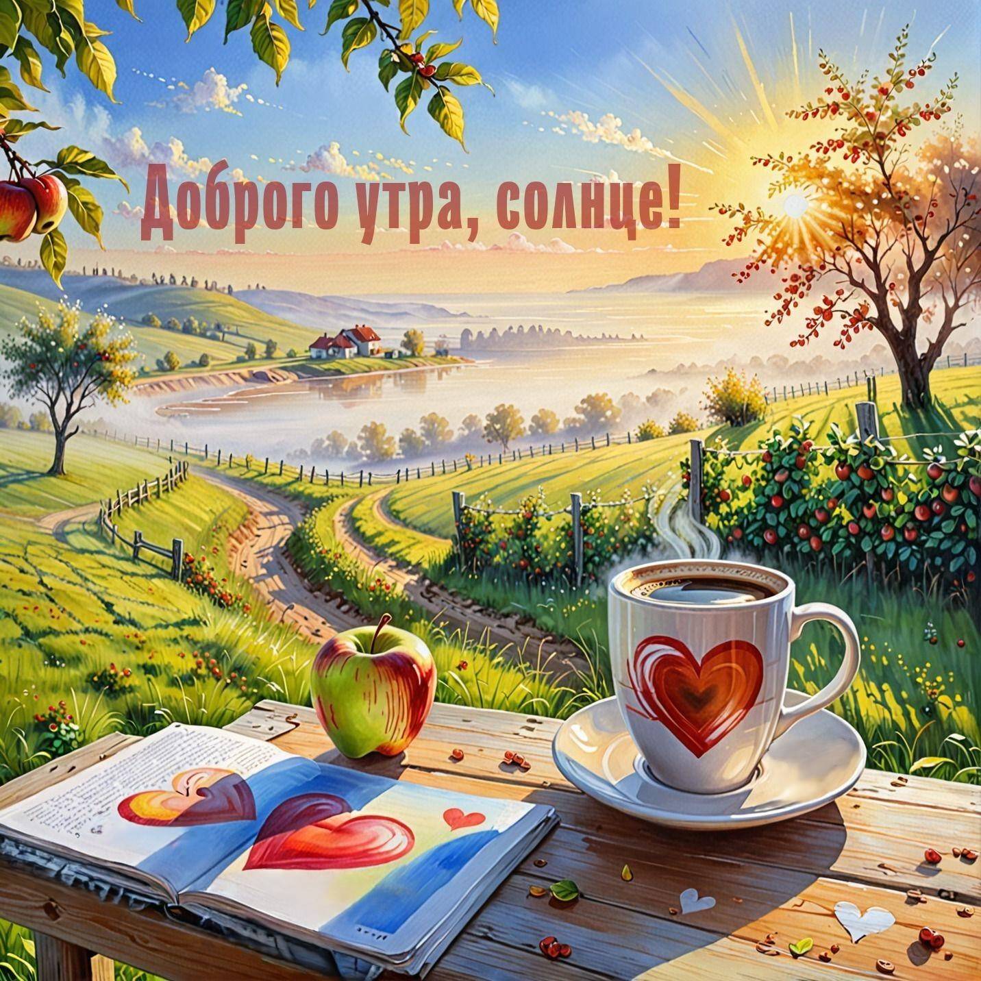 Яблоко и кофе на фоне пейзажа с холмами