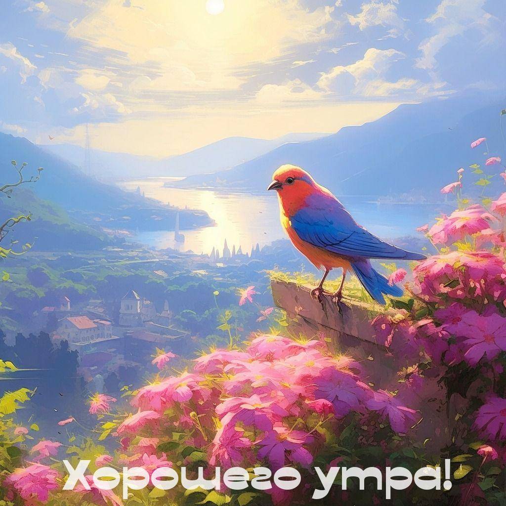 Яркая птица на фоне озера и гор