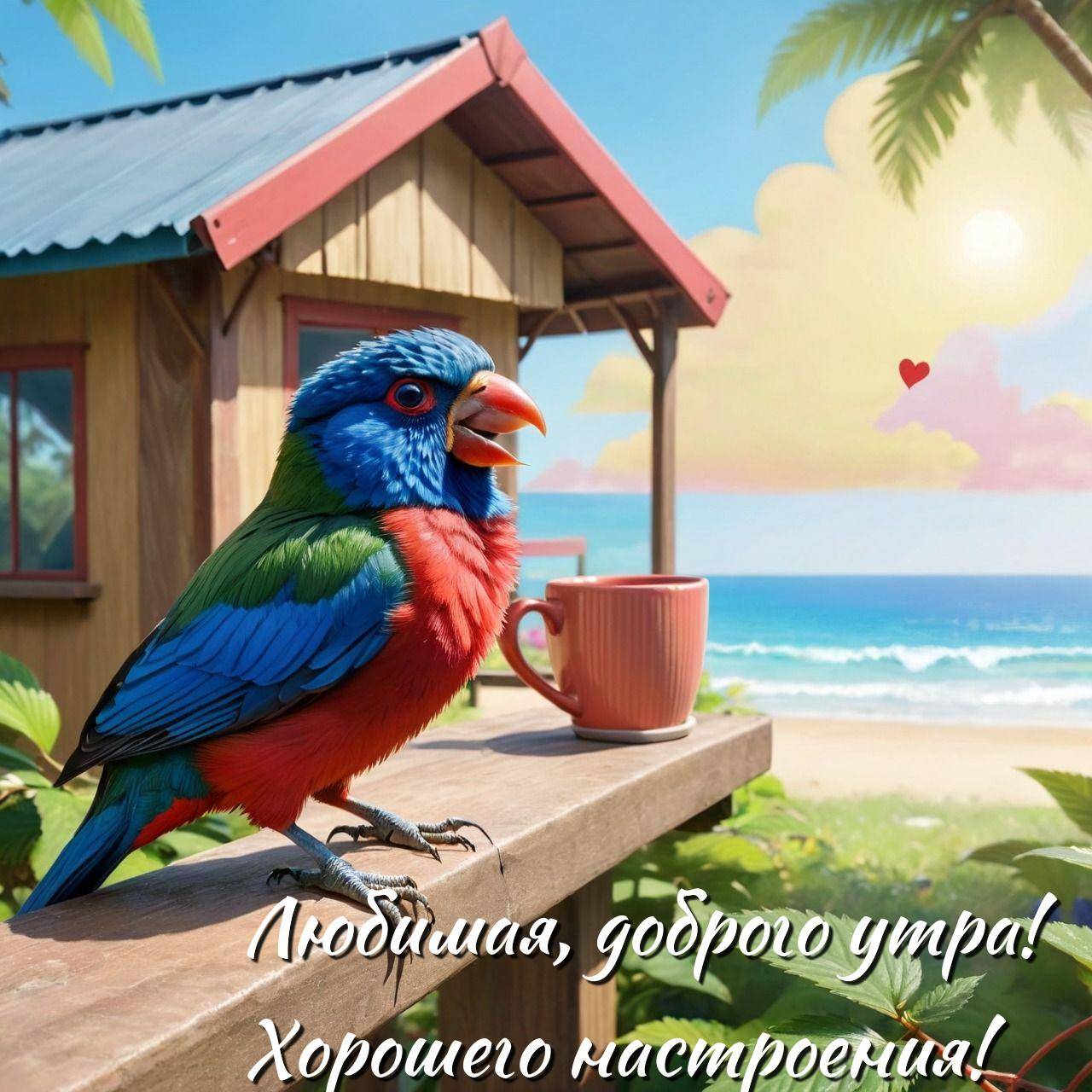 Яркая птица на периле с видом на пляж