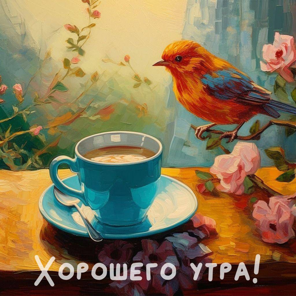 Яркая птица на ветке, голубая чашка с напитком, цветы