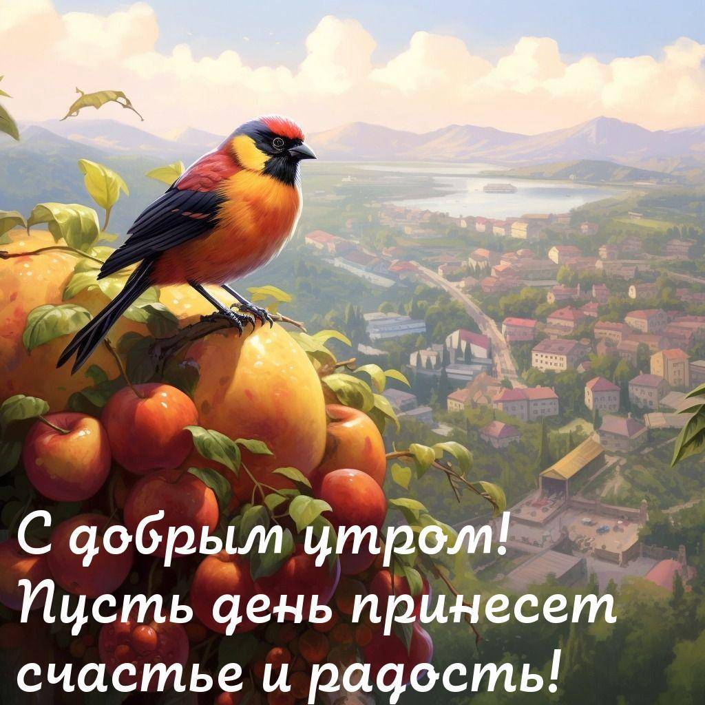 Яркая птица на ветке с фруктами над городом