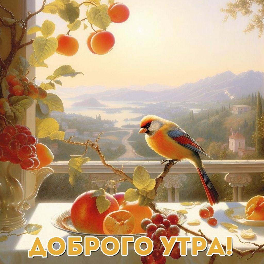 Яркая птица на ветке с фруктами у окна