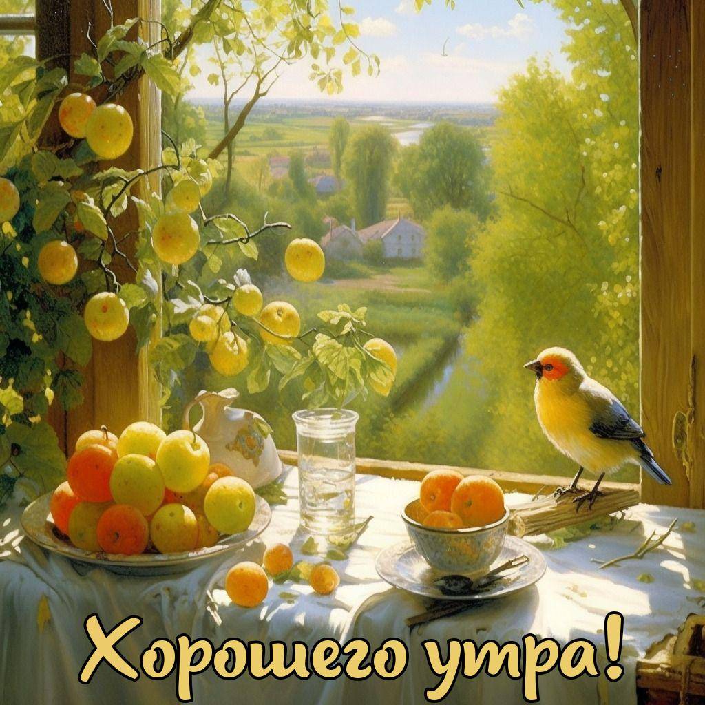 Яркая птица на ветке, свежие фрукты на подоконнике