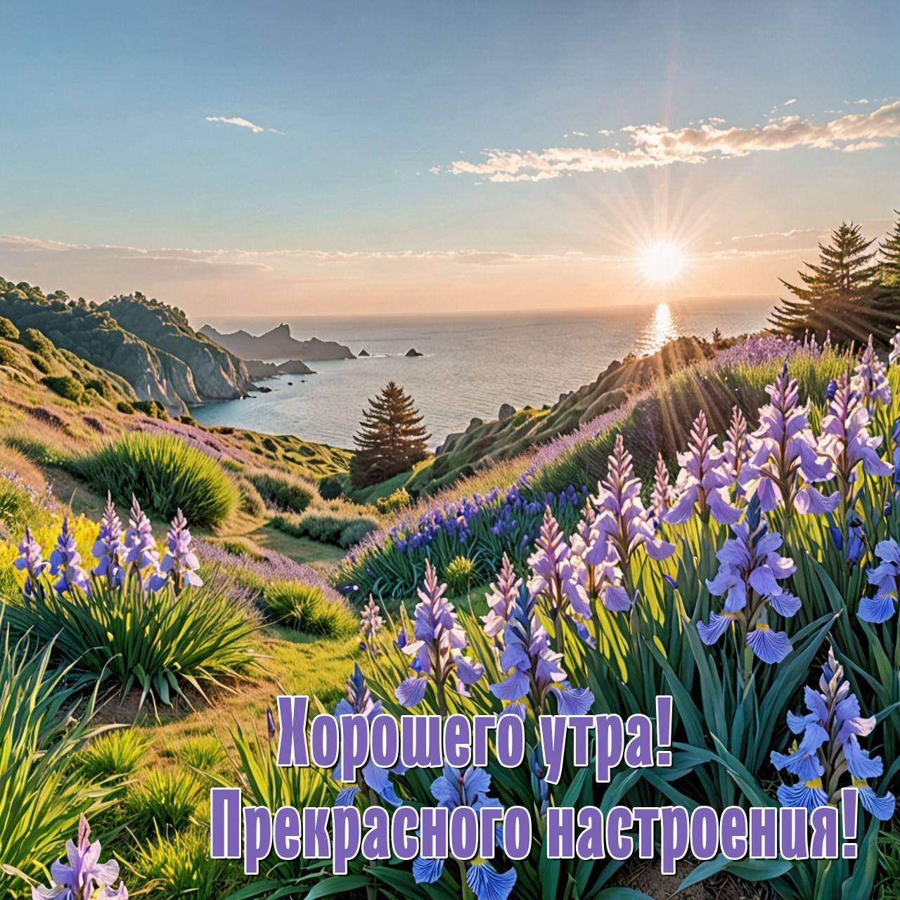 Яркие фиолетовые цветы и зелень на фоне морских скал