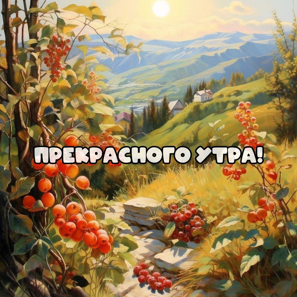 Яркие красные ягоды на переднем плане, каменная дорожка, домики среди холмов