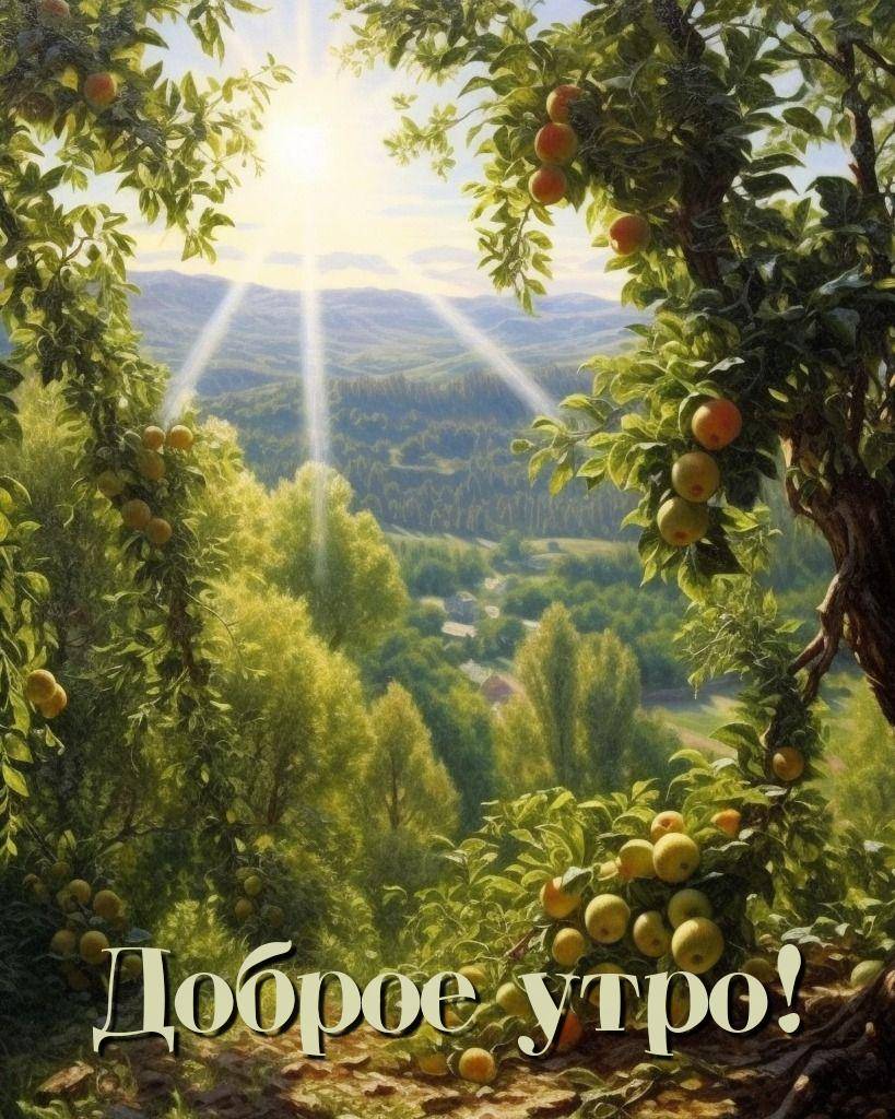 Яркие лучи солнца сквозь листву, плодоносные деревья