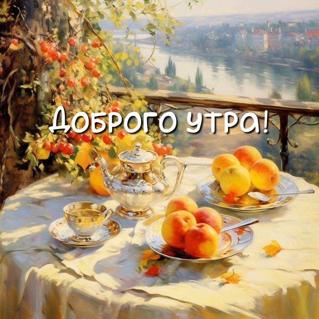 Яркие персики на столе, чайник, чашка, река вдалеке