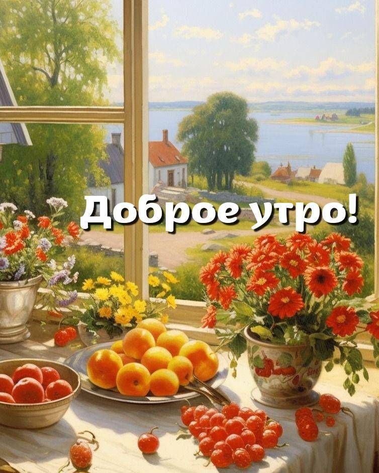 Яркие цветы и свежие фрукты на подоконнике, вид на сельскую местность