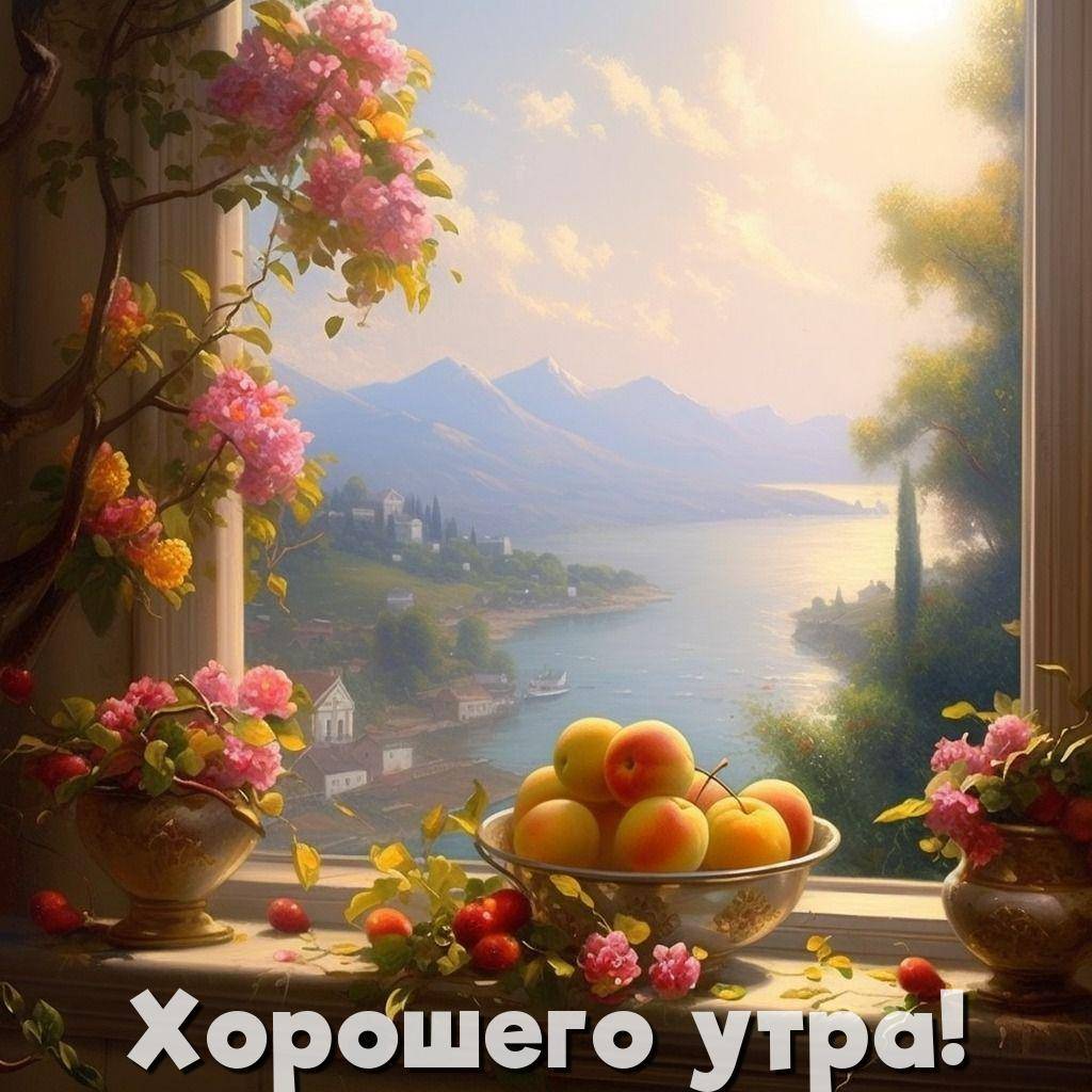 Яркие яблоки на подоконнике, цветы, вид на реку и горы