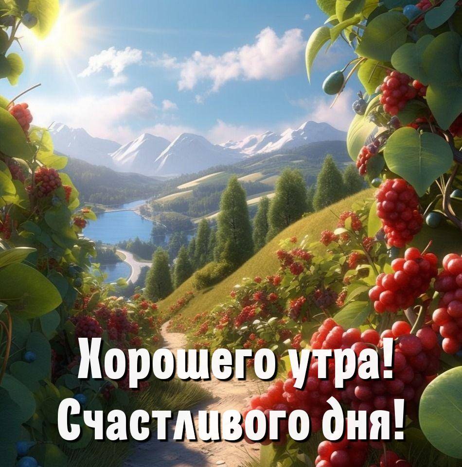 Яркие ягоды на переднем плане, зеленые холмы и река