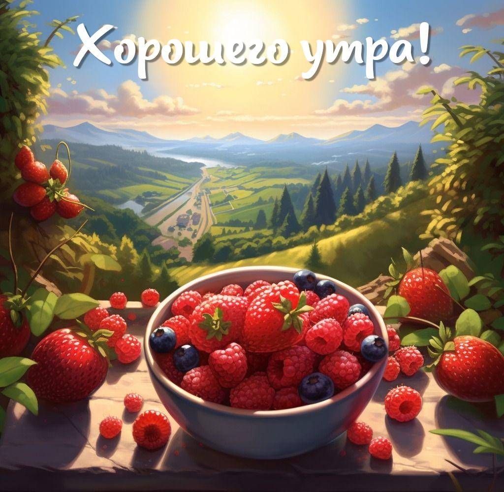Яркие ягоды на переднем плане, живописный пейзаж с холмами на заднем