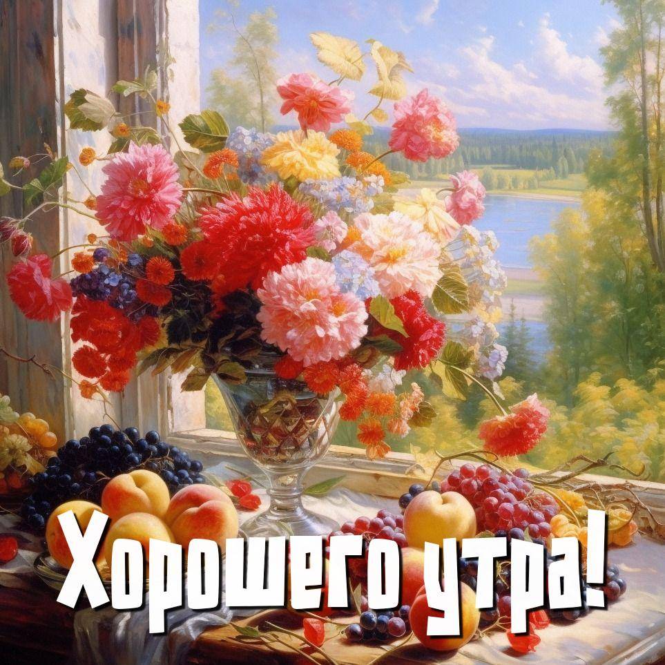 Яркий букет цветов у окна, фрукты, вид на реку