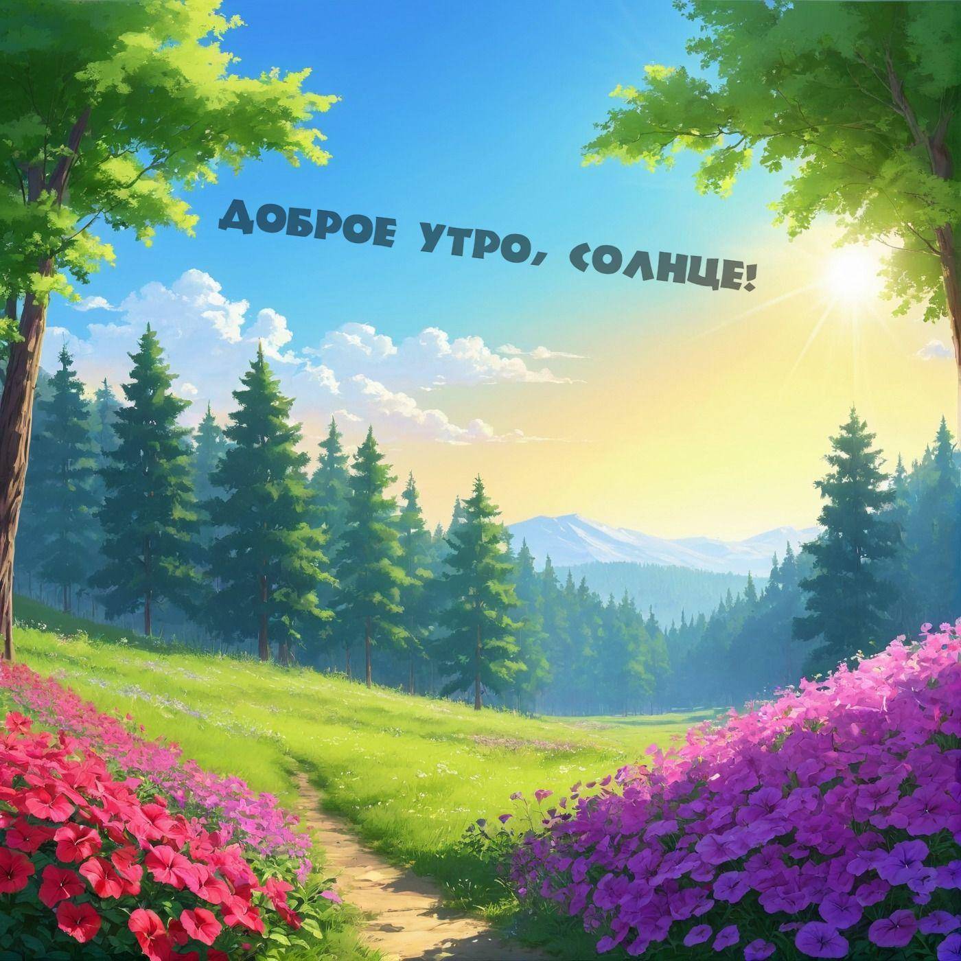 Яркий ландшафт с дорожкой, зелёными деревьями и полем розовых цветов под солнечным светом