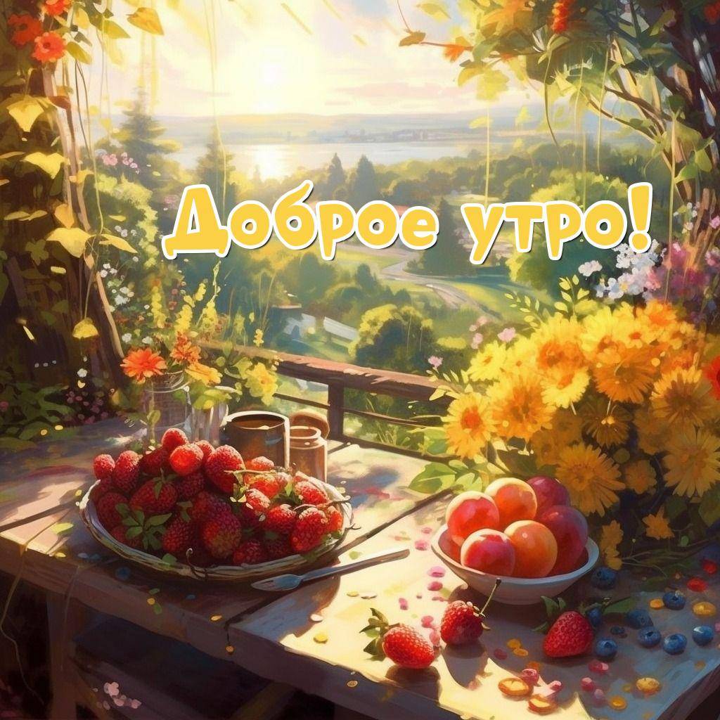 Яркий летний пейзаж с фруктами на столе