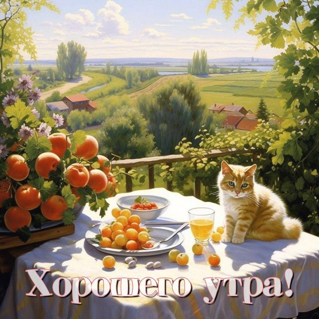 Яркий летний пейзаж с котом на столе у окна