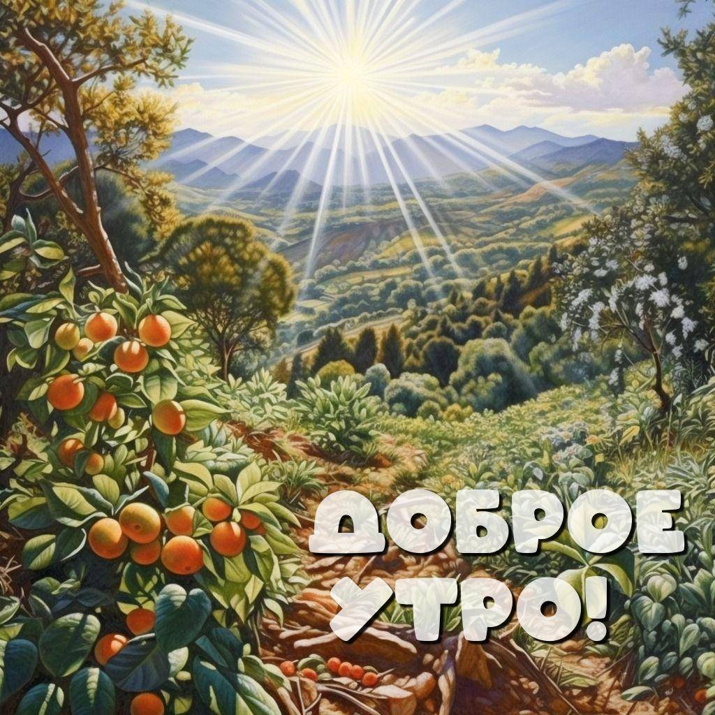 Яркий пейзаж с деревьями, плодами и солнечными лучами