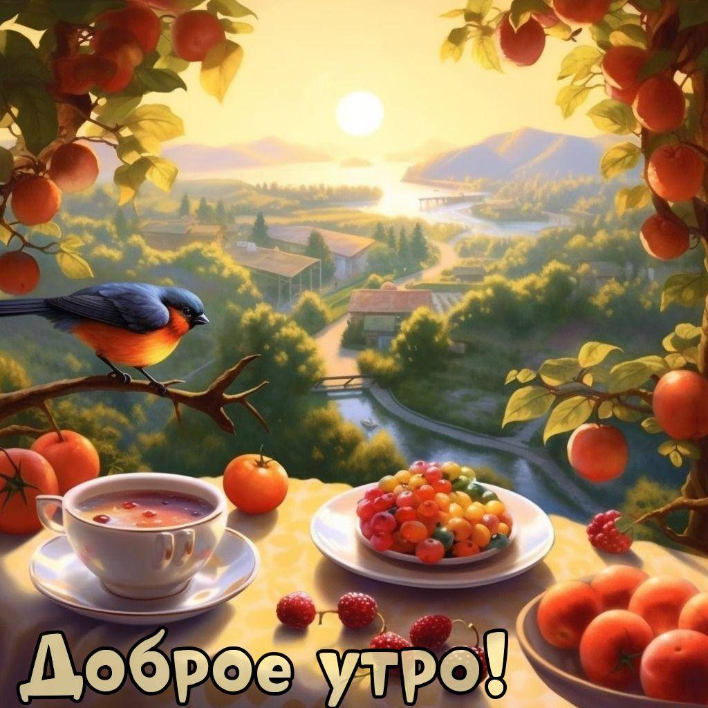 Яркий пейзаж с фруктами, чаем и птицей