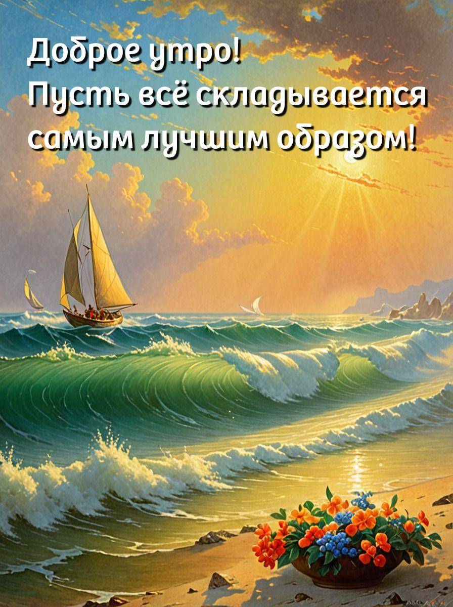 Яркий пейзаж с парусником и корзиной цветов на берегу