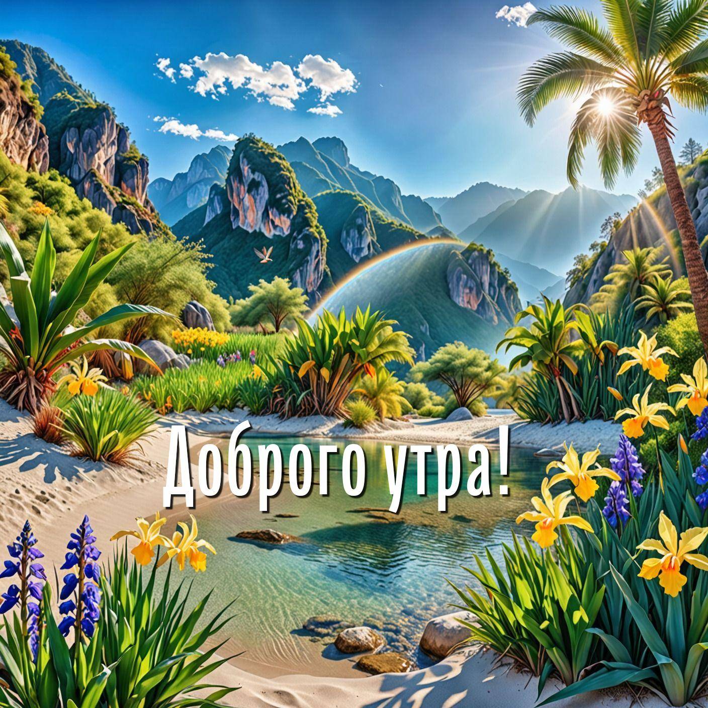 Яркий пейзаж с рекой, горами и цветами