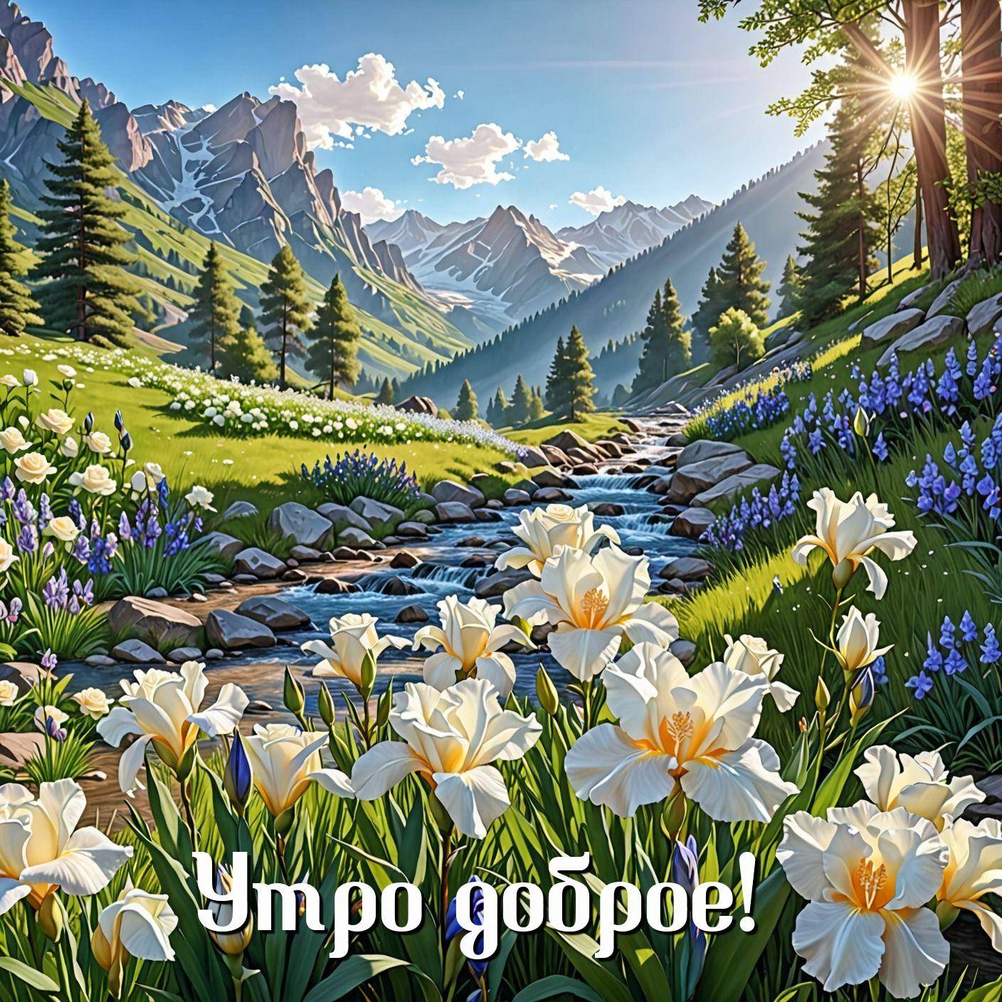 Яркий пейзаж с цветами, рекой и горами