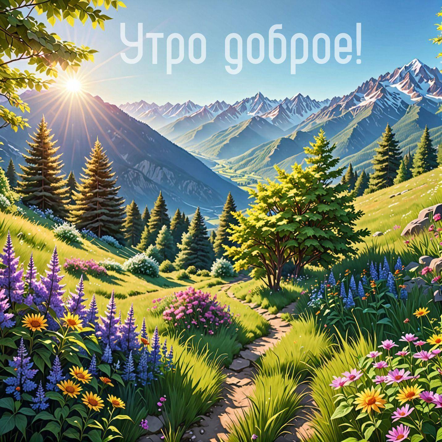 Яркий пейзаж с цветущим лугом и горами вдалеке