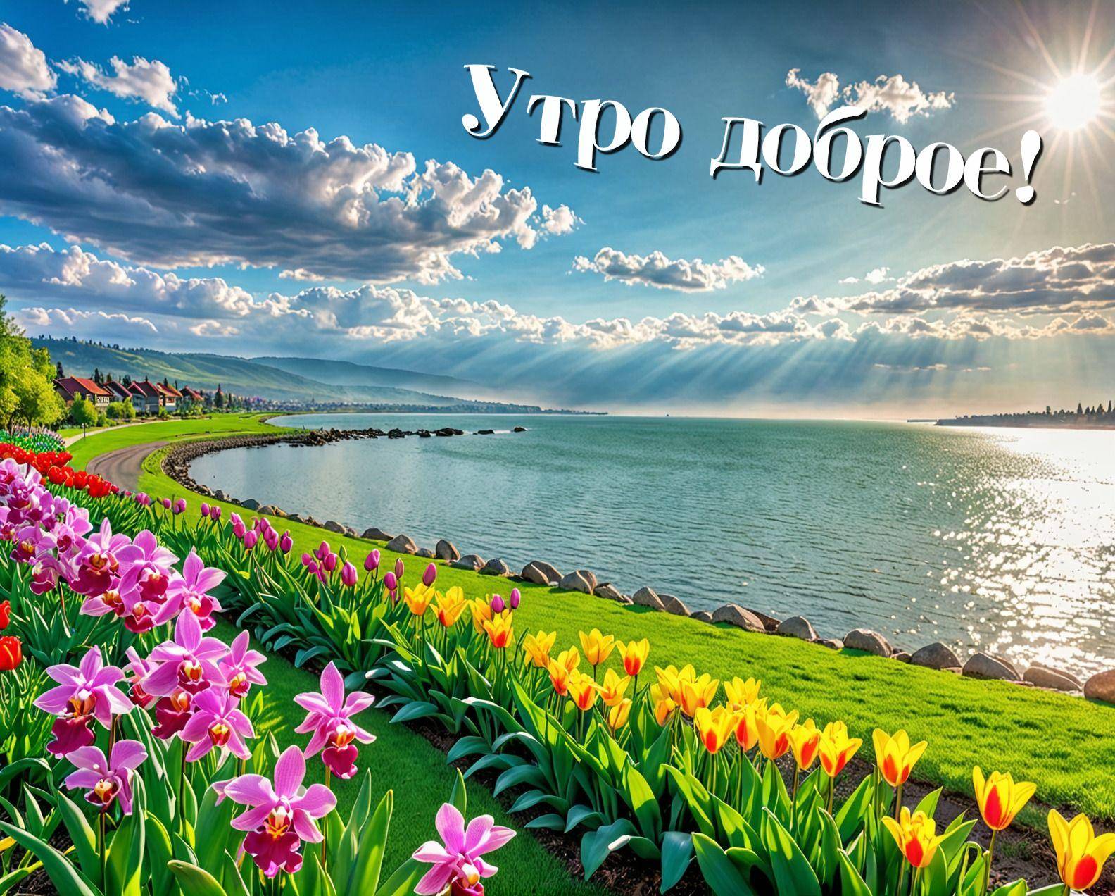 Яркий пейзаж с тюльпанами на переднем плане и солнечными лучами