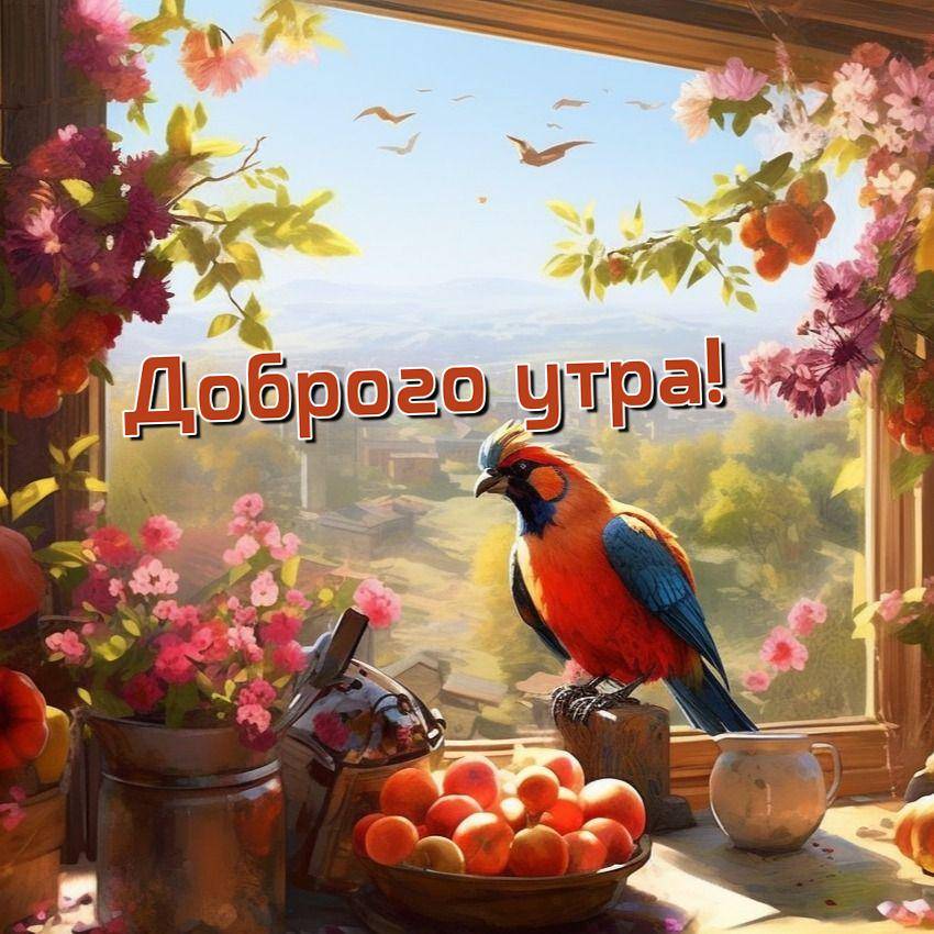 Яркий попугай на подоконнике с цветами и апельсинами