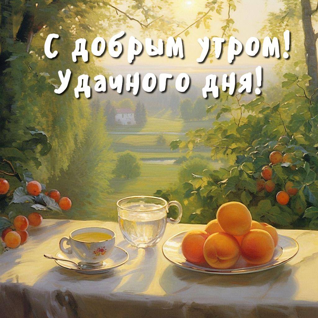 Яркий рассвет, чашка чая, абрикосы на тарелке