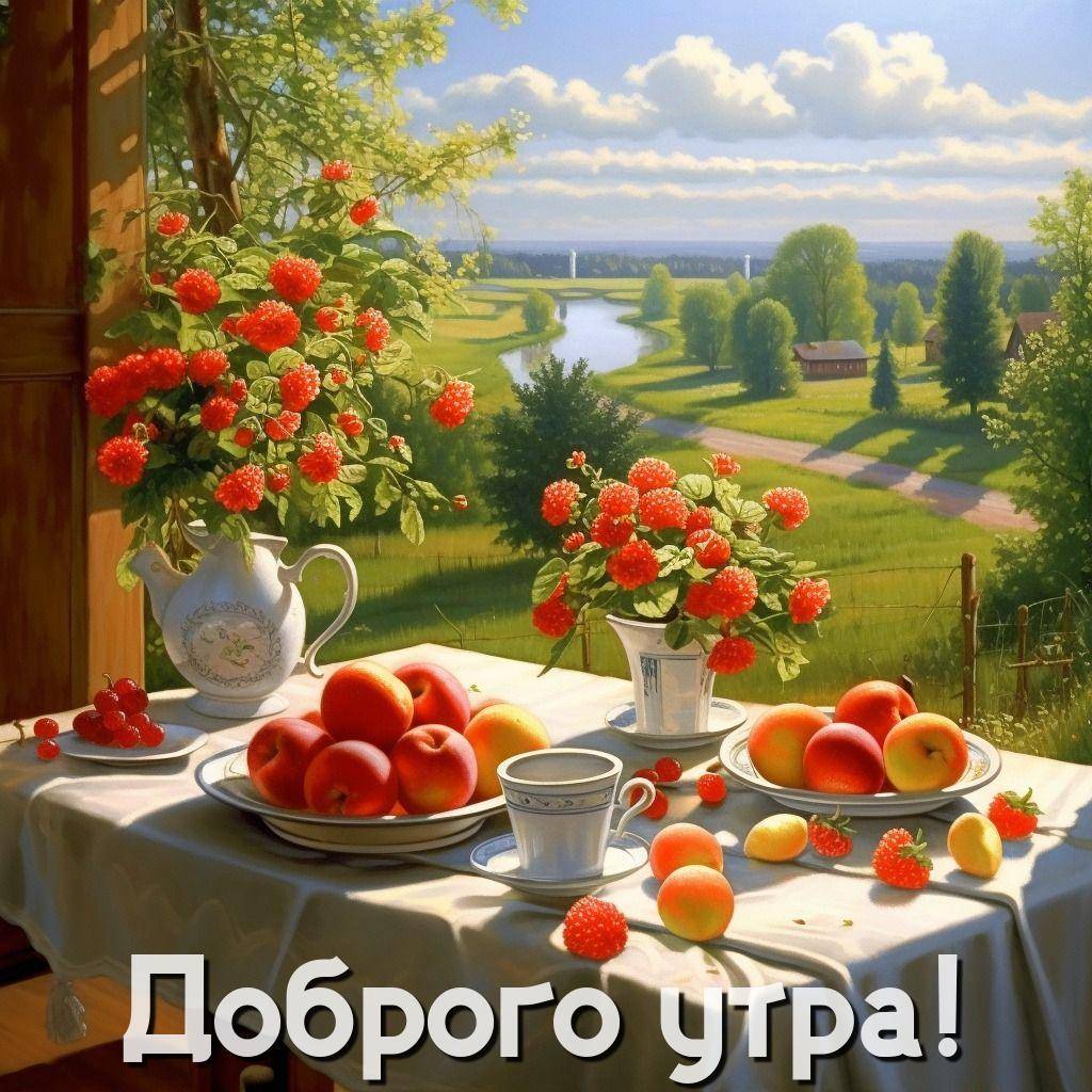 Яркий стол с фруктами у окна с видом на пейзаж