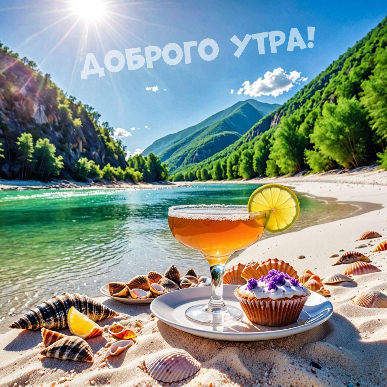 Яркое солнце над рекой, пляж, коктейль с лимоном и ракушки