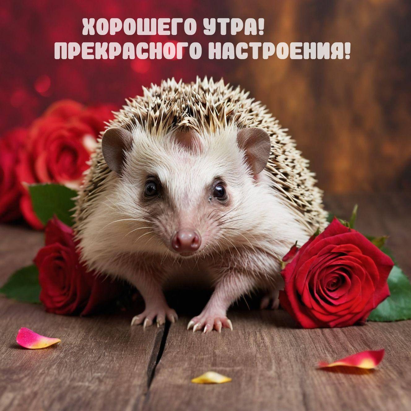 Ёжик среди алых роз и лепестков