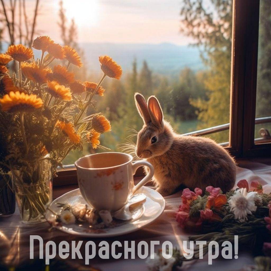 Зайчик рядом с чашкой на подоконнике, цветы, утренний свет