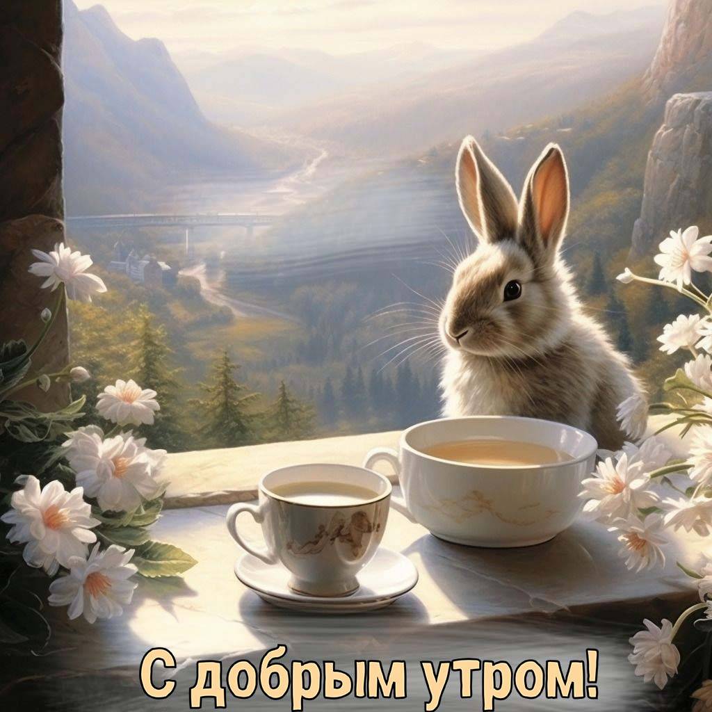 Зайчик с чашками чая и цветами на фоне гор