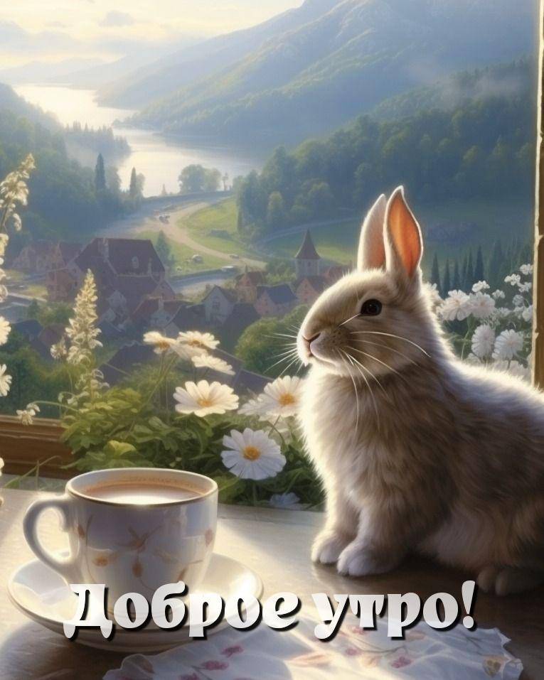 Зайчик с чашкой чая на фоне реки и гор