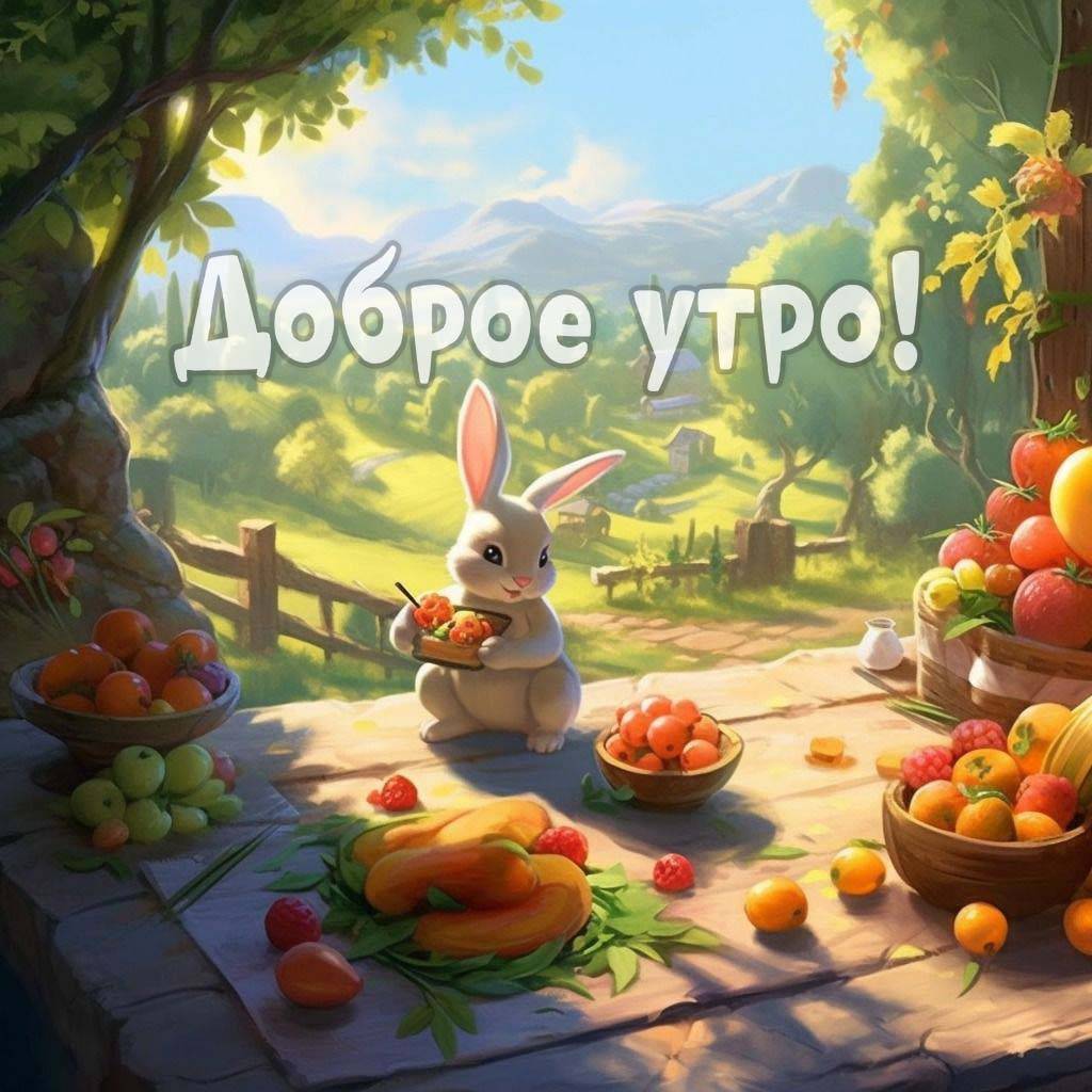 Зайчик с фруктами на столе, холмы на заднем плане