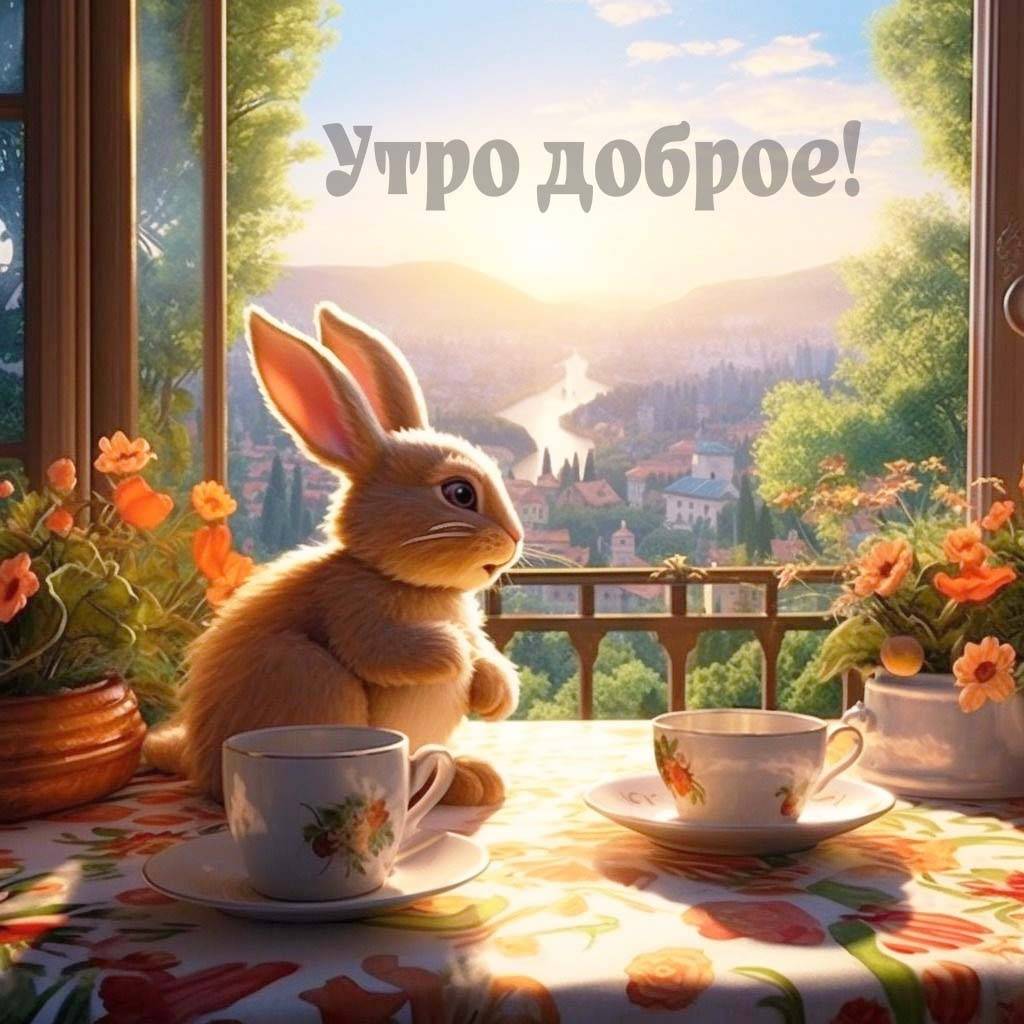 Зайчик смотрит на пейзаж утром, чашки на столе
