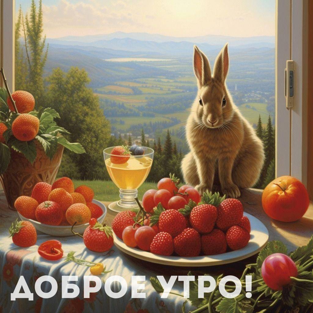 Заяц на подоконнике с фруктами