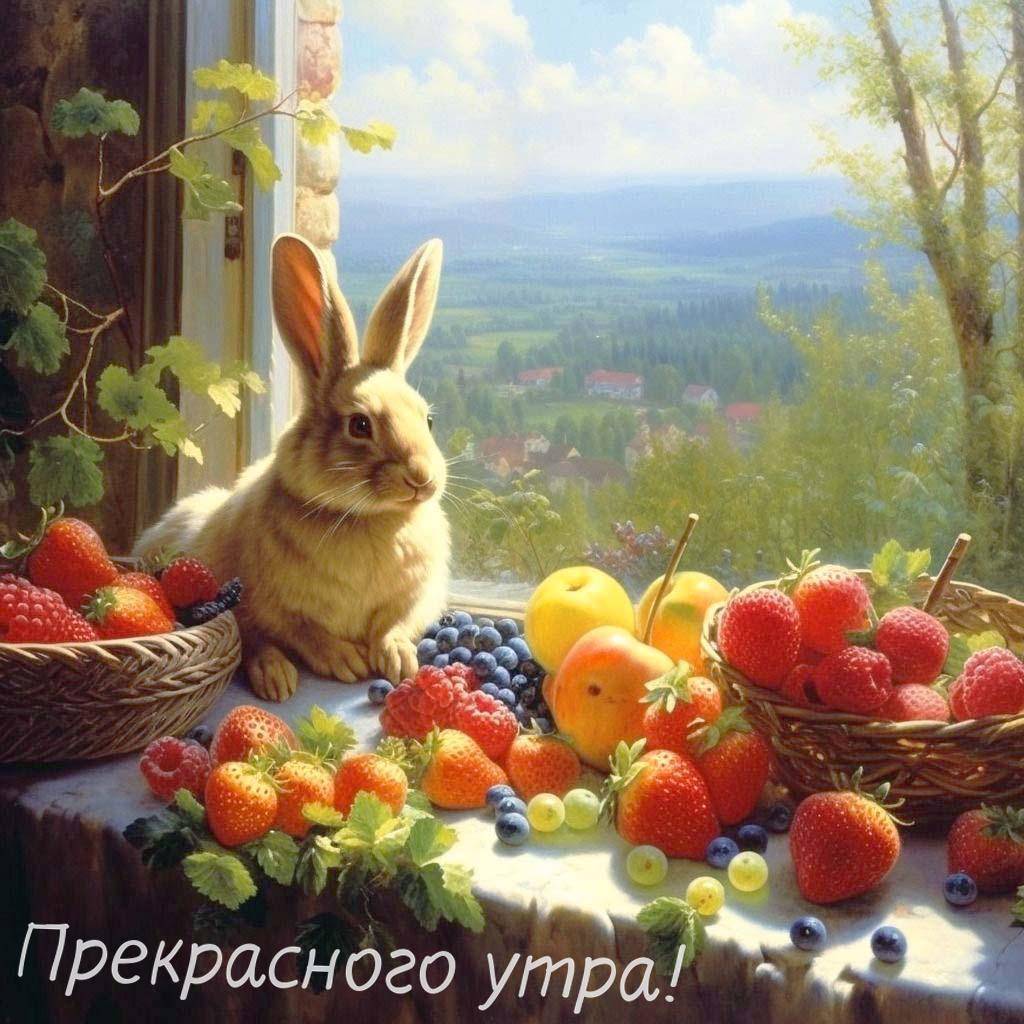 Заяц на подоконнике с фруктами и ягодами