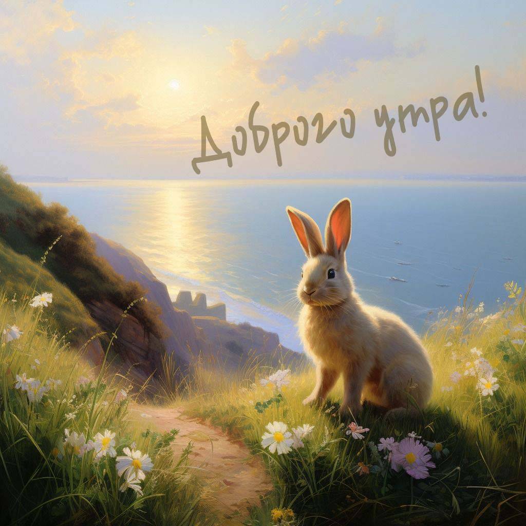 Заяц на тропинке у моря с цветами