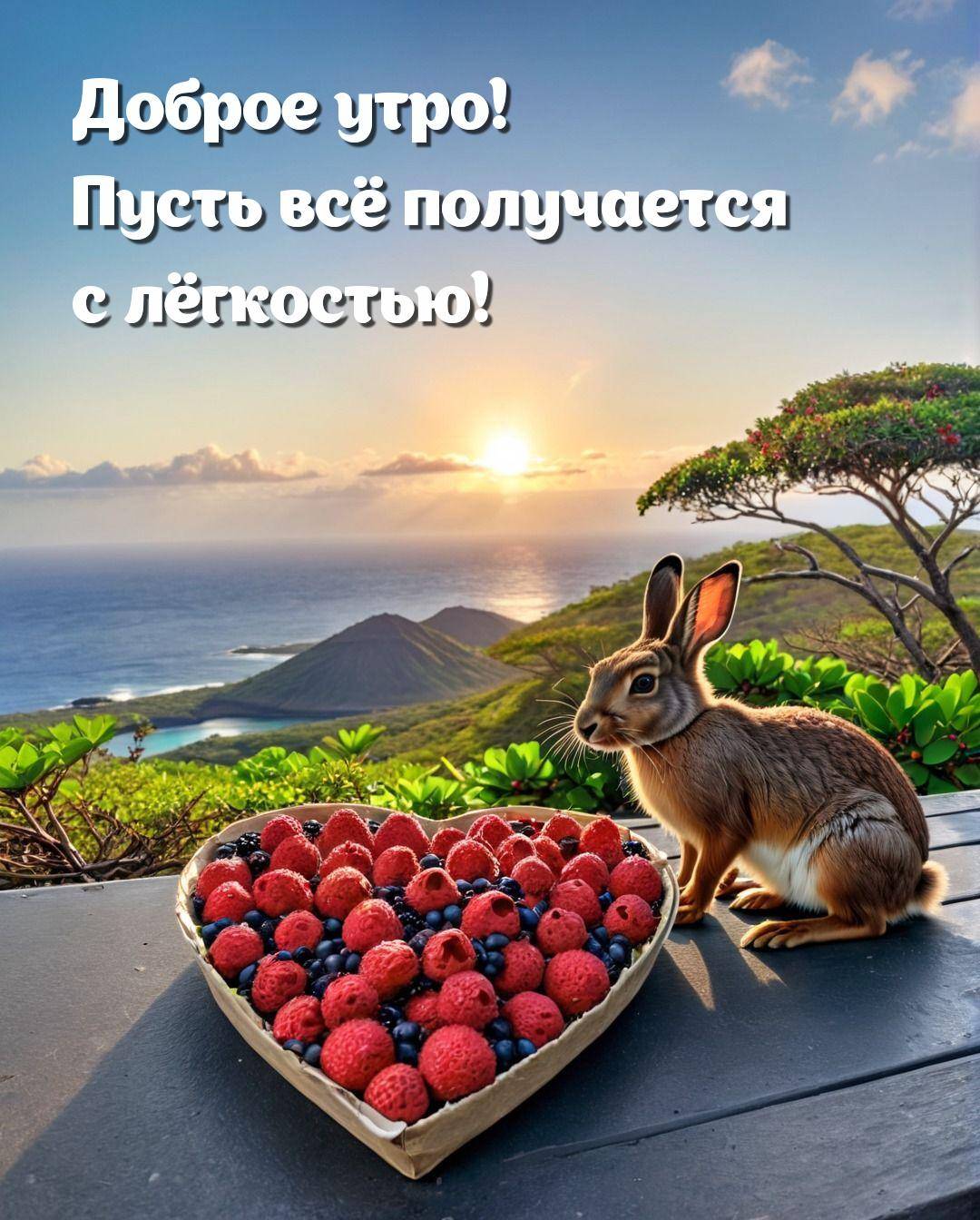 Заяц рядом с сердцем из ягод на фоне рассвета