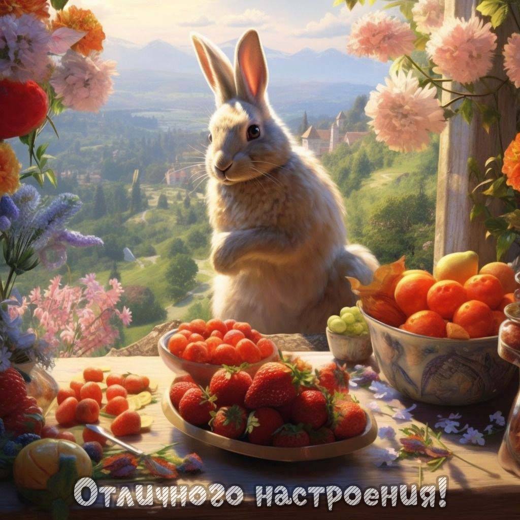 Заяц с фруктами на фоне природы