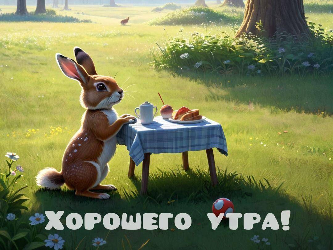 Заяц сидит за столом на природе с яблоком и хлебом