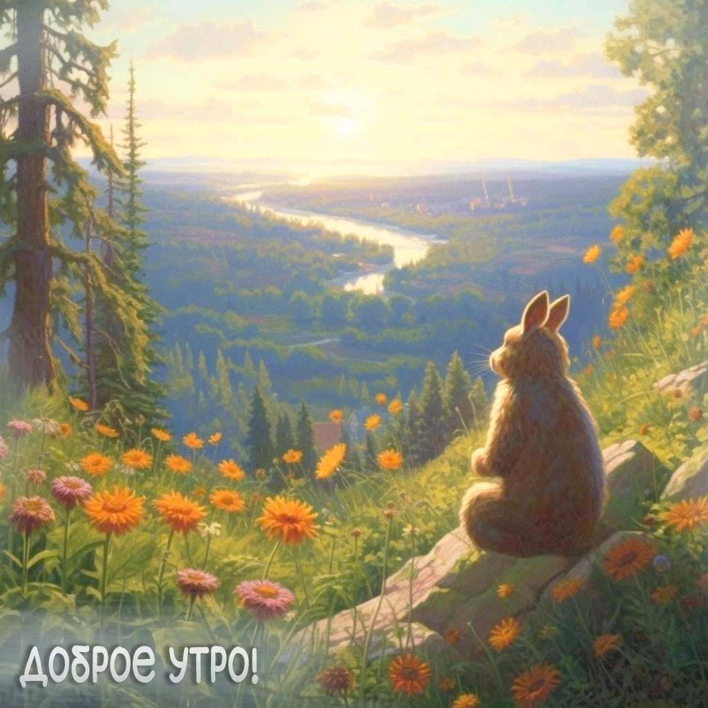 Заяц смотрит на рассвет в лесу