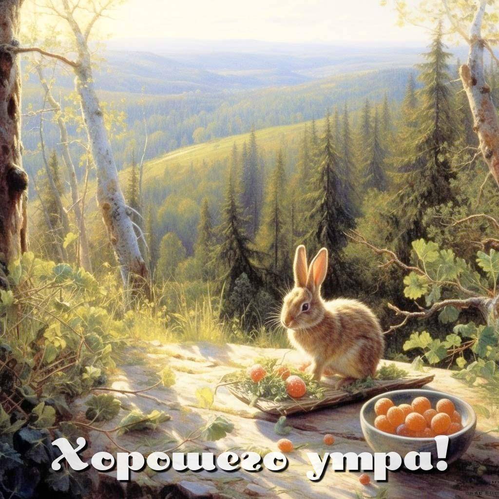 Заяц среди деревьев и ягод, вид на холмы