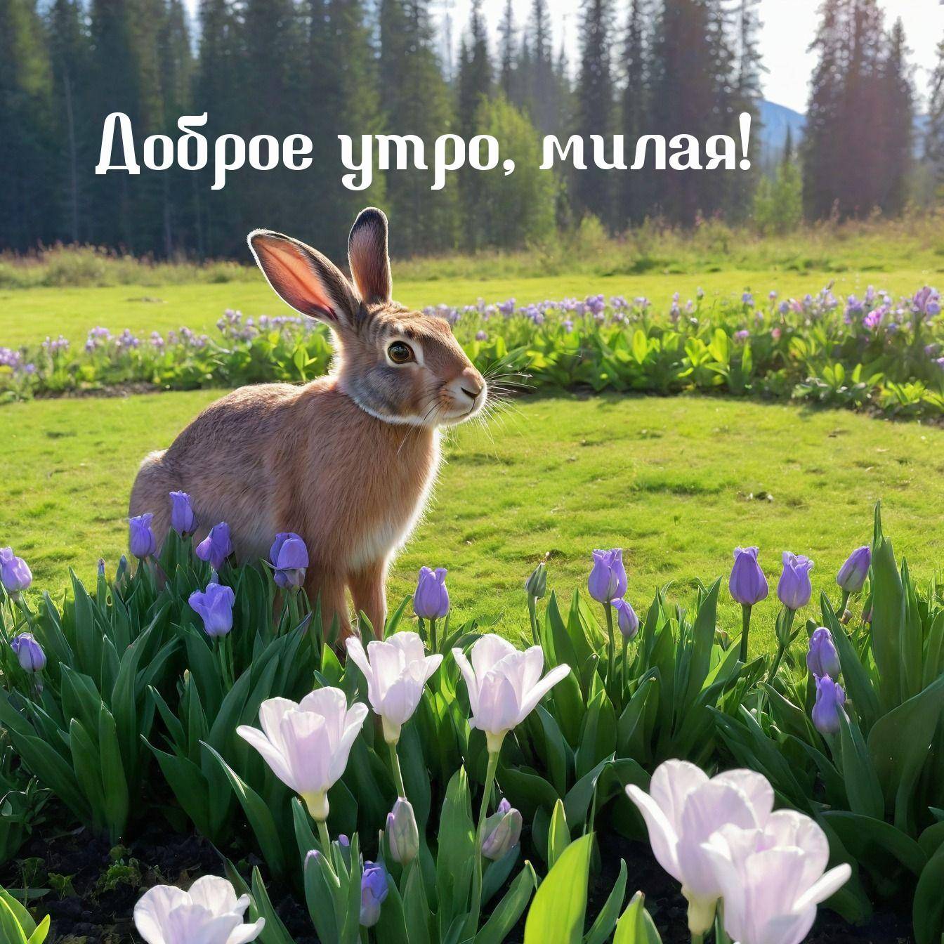 Заяц среди фиолетовых цветов на лугу