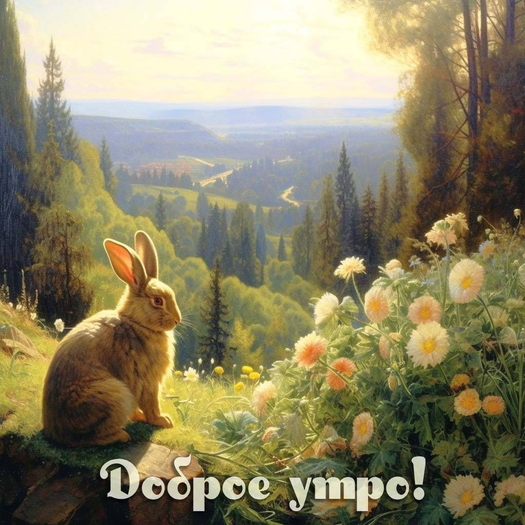 Заяц среди цветов на фоне леса