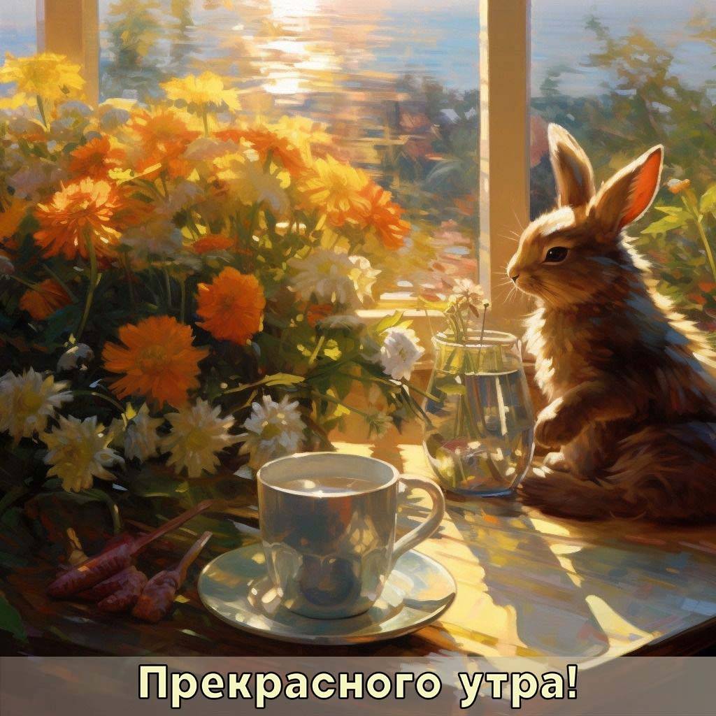 Заяц среди цветов у окна с чашкой чая