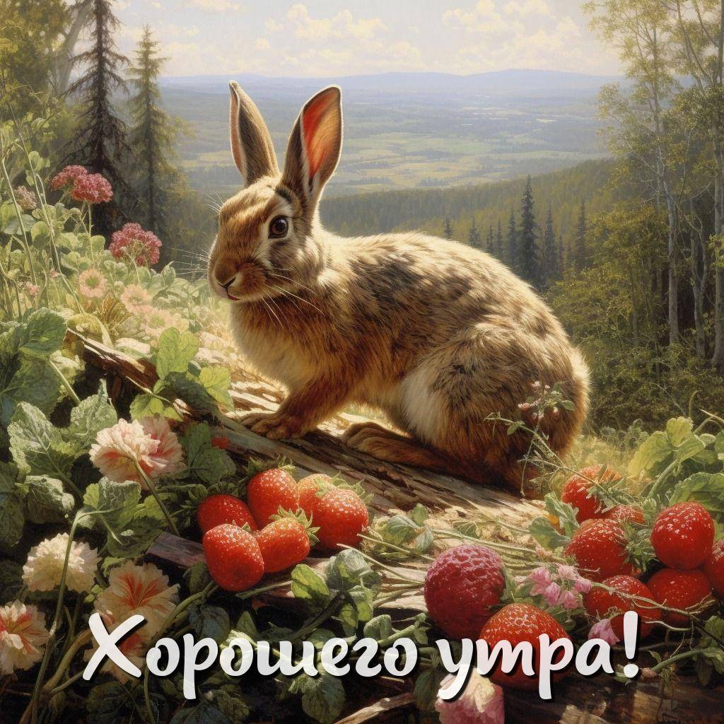 Заяц среди зелени и клубники