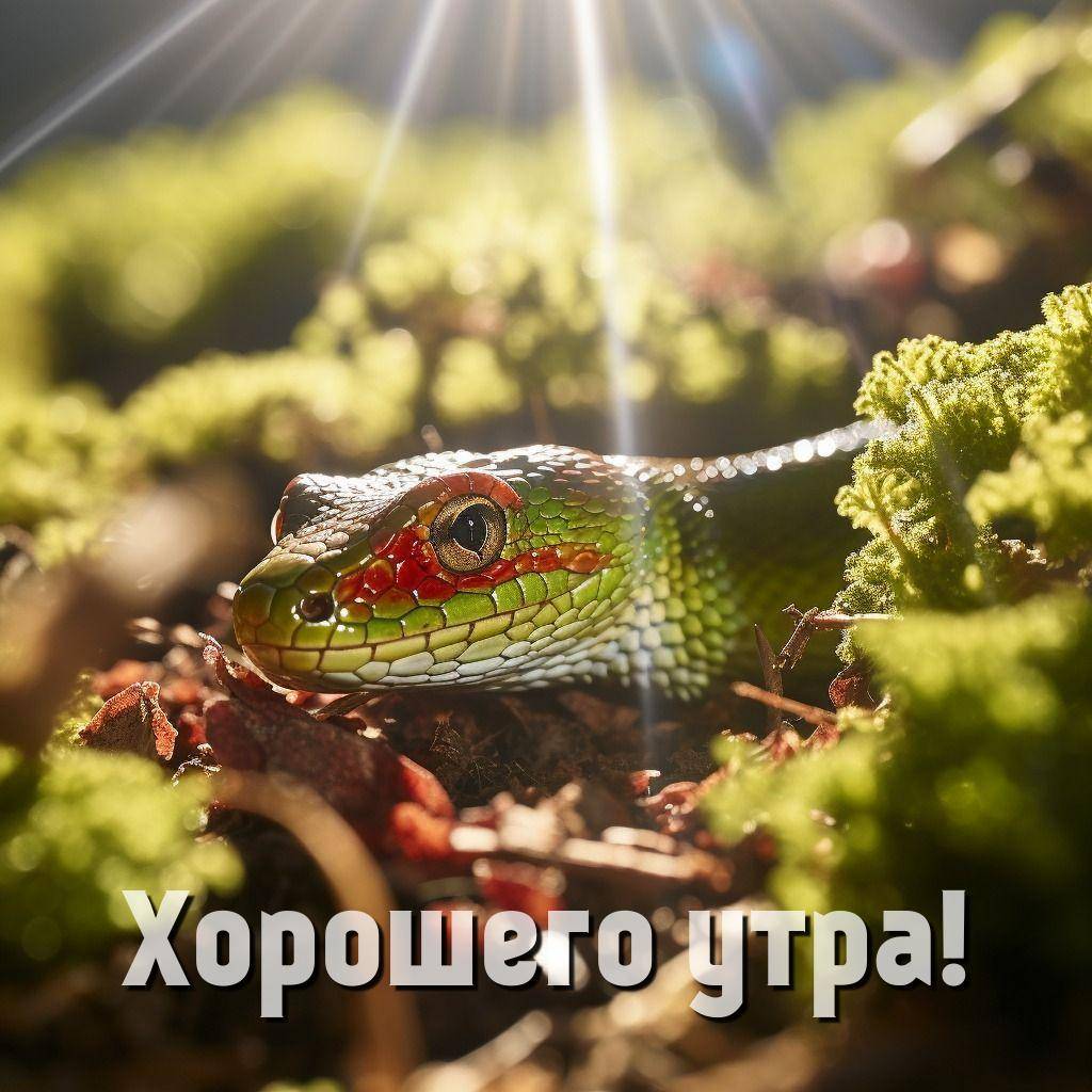 Зеленая змея среди мха