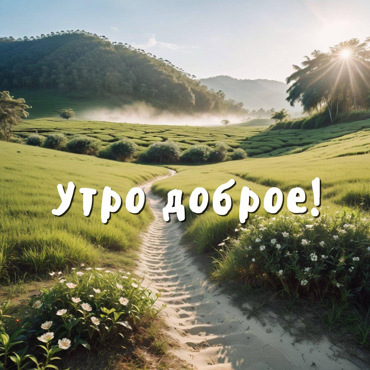 Зеленые холмы, тропинка, растения, солнечные лучи